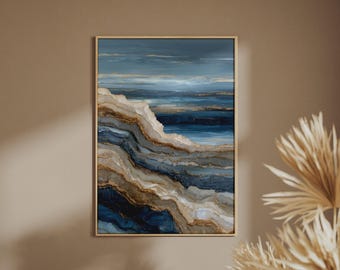 Abstract Premium Blue Gold Marble Art Print, Luxury Coastal Poster, Navy Beige