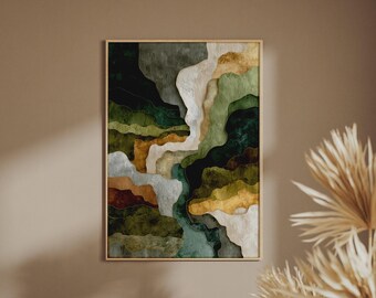 Abstract Premium Green Gold Wall Art Print, Luxury Layered Shapes Style, Earth Tones Poster