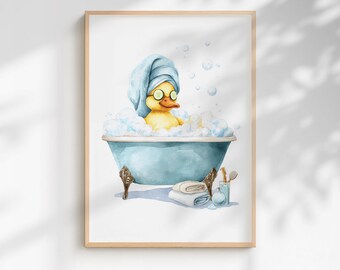 Quirky Yellow Duck Spa Print – Funny Bathroom Wall Art - Light Blue Edition (Framed/Unframed)