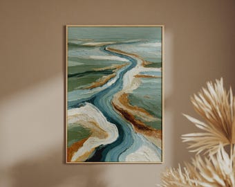 Abstract Premium River Landscape Print, Teal Blue Green Sage Wall Art Poster