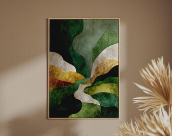 Abstract Premium Green Gold Wall Art Print, Organic Shapes, Luxury Botanical Poster