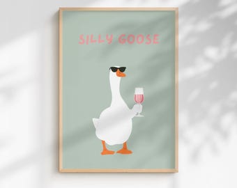 Impression d'art de vin de Silly Goose | Animal original, décoration murale moderne (avec ou sans cadre)