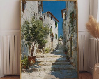 Mediterranean Alley Print, Greek Village Street Art, Olive Tree Poster, White Stone Steps