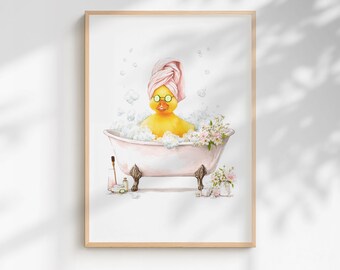 Quirky Yellow Duck Spa Print – Funny Bathroom Wall Art - Light Pink Edition (Framed/Unframed)