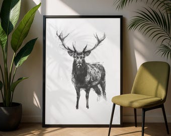 Stag Print – Charcoal Art – British Wildlife Fine Wall Art – Monochrome Decor