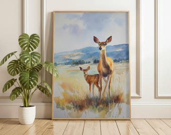 Deer and Fawn Watercolor Print | Countryside Wildlife Wall Art | Rustic Nature Nursery Decor