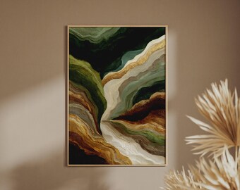 Premium Abstract Green Gold Wall Art Print, Luxury Layered Waves Poster, Earth Tones