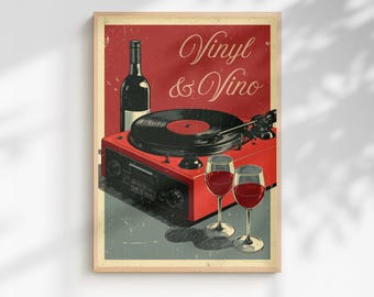 Impression vinyle et vino | Décoration murale musique rétro et bar à vin (avec ou sans cadre)