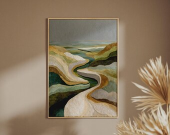 Abstract Premium River Canyon Art Print, Green Gold Landscape, Textured Style Wall Poster
