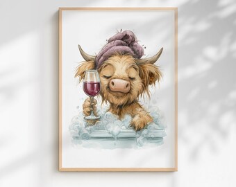 Highland Cow Spa Print: Funny Wine Bath Bathroom Wall Art (Framed/Unframed)