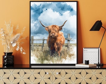 Decoración de pared con vaca de las Tierras Altas: Lámina de estilo rústico escocés en acuarela.