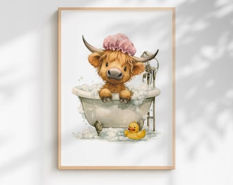 Highland Cow Bath Print: Funny Spa Animal Wall Art (Framed/Unframed)
