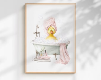 Quirky Yellow Duck Spa Print – Funny Bathroom Wall Art - Light Pink Edition (Framed/Unframed)