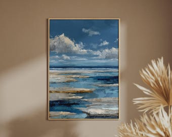 Abstract Premium Coastal Seascape Print, Blue Ocean Beach Wall Art, Luxury Poster