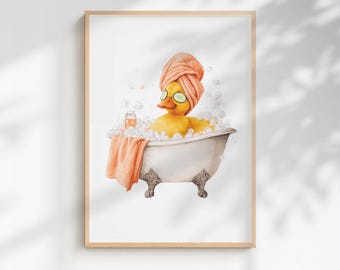 Quirky Yellow Duck Spa Print – Funny Bathroom Wall Art - Orange Edition (Framed/Unframed)