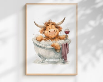 Highland Cow Wine Bath Print: Funny Animal Spa Bathroom Wall Art