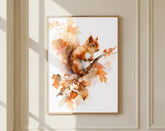 Red Squirrel Art / Rustic Print / Cosy Watercolour Poster