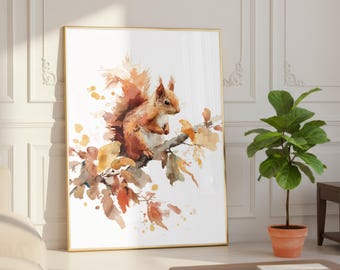 Red Squirrel Print / Rustic Poster / Cosy Watercolour Art
