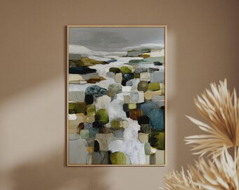 Abstract Premium Landscape Art Print, Sage Green Teal Grey Mosaic Wall Art Poster