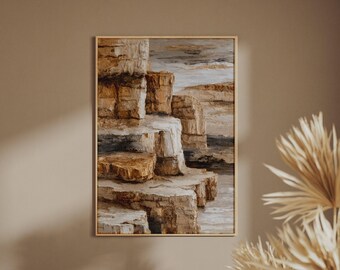 Abstract Premium Stone Cliff Art Print, Textured Style Earth Tones, Beige Brown Wall Poster