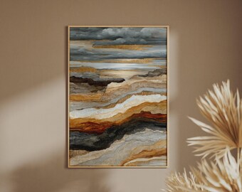 Premium Abstract Landscape Print, Gold Grey Earth Tones, Luxury Geology Wall Art Poster