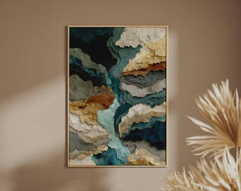Premium Abstract Teal Gold Art Print, Layered Texture Effect Poster, Luxury Wall Decor
