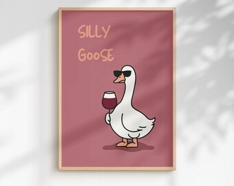 Impression d'art de vin de Silly Goose | Animal original, décoration murale moderne (avec ou sans cadre)