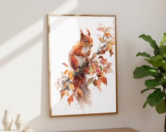 Red Squirrel Poster / Rustic Print / Cosy Watercolour Art