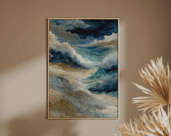 Abstract Premium Ocean Wave Art Print, Blue Gold Coastal Poster, Luxury Sea Decor