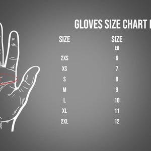 May include: A glove size chart in centimeters, with a hand outline and measurements for width around the fingers. Sizes range from 2XS to 2XL, with corresponding EU sizes and widths from 16.5 to 25.5 cm.