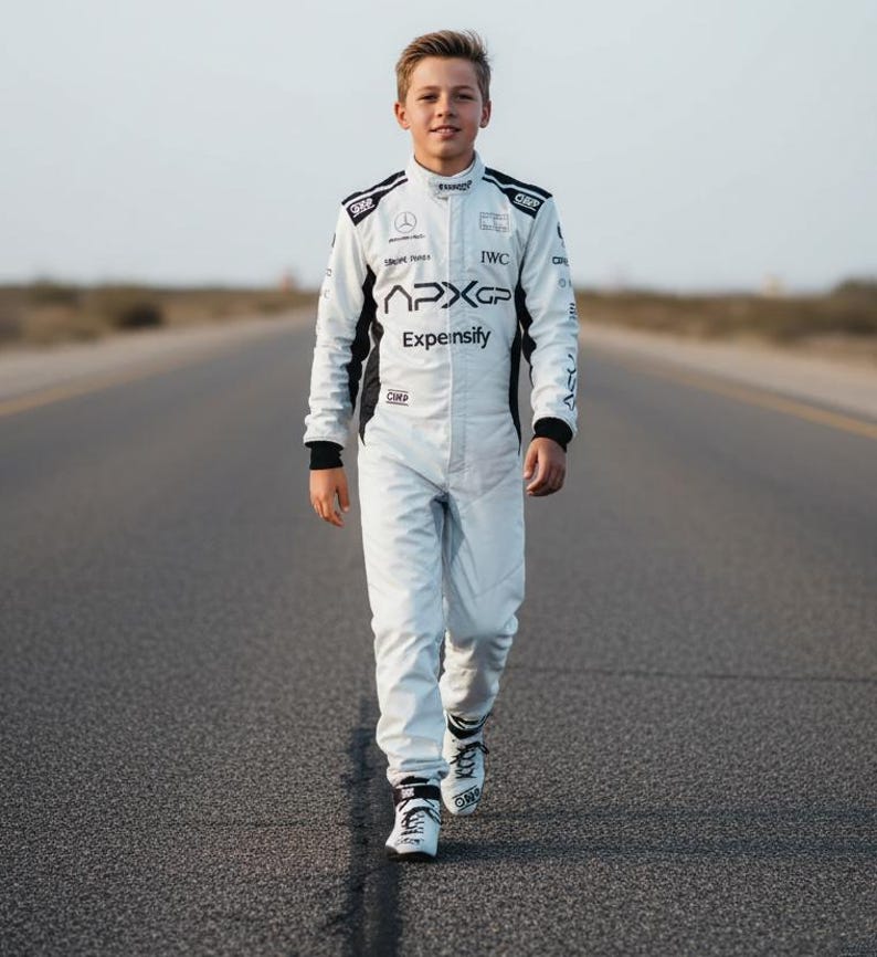 May include: A young person in a white racing suit with black accents, walking on a paved road. The suit features sponsor logos and the text "APXGP" and "Expeinsify". The person is wearing white racing shoes.