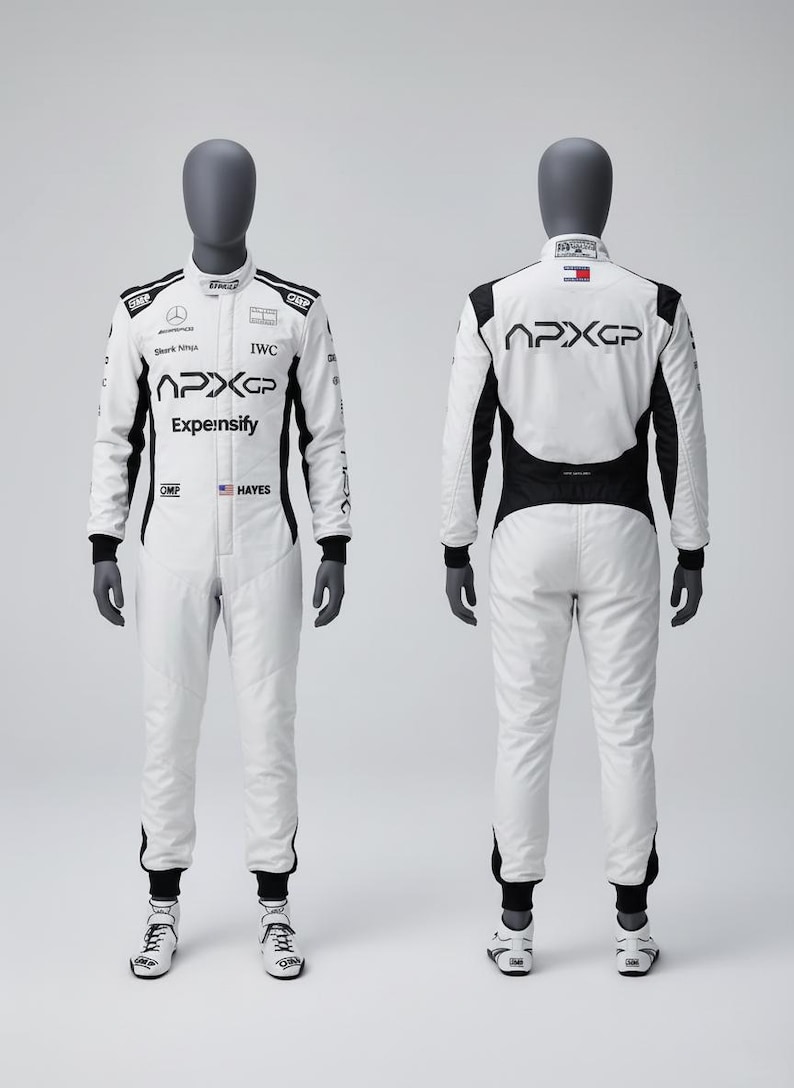 May include: White racing suit with black accents, displayed on a mannequin. The suit features sponsor logos, including "APXGP" and "Expeensify." The suit has long sleeves, a zip-up front, and matching pants. The mannequin is wearing black gloves and white racing shoes.