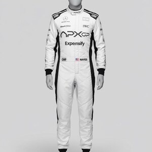 May include: White racing suit with black accents, displayed on a mannequin. The suit features sponsor logos, including "APXGP" and "Expe:nsify." The name "Hayes" is printed on the chest. The suit is paired with white racing shoes.