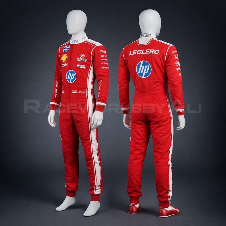 Puede incluir: Un mono de carreras rojo con detalles blancos y logotipos de patrocinadores, exhibido en un maniqu&iacute;. El mono presenta el logotipo de HP, el nombre "Leclerc" en la espalda y varios emblemas de marca. Tiene cierre de cremallera y est&aacute; dise&ntilde;ado para la velocidad.