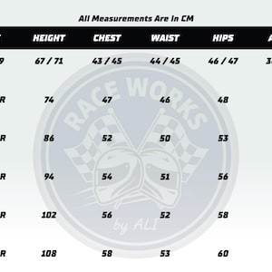 May include: A size chart table titled All Measurements Are In CM with columns for Size, Height, Chest, Waist, Hips, and Arms. Rows list sizes from 6 to 9 months up to 5 years with corresponding numerical values. A Race Works by ALI logo is visible.