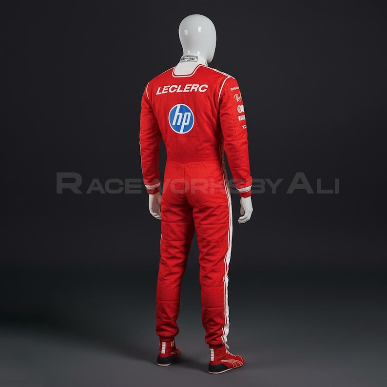 Puede incluir: Un mono de carreras rojo con detalles blancos y el nombre "LECLERC" en la espalda. El traje presenta el logotipo de HP y otros logotipos de patrocinadores. Se muestra en un maniqu&iacute;.