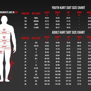 Puede incluir: Una tabla de tallas para trajes de karting para j&oacute;venes y adultos, con medidas en cent&iacute;metros. La tabla incluye tallas, pecho, cintura, cadera, muslo, entrepierna, brazo y altura. Una silueta humana est&aacute; a la izquierda.