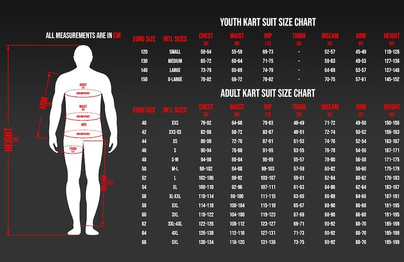Puede incluir: Una tabla de tallas para trajes de karting para j&oacute;venes y adultos, con medidas en cent&iacute;metros. La tabla incluye tallas, pecho, cintura, cadera, muslo, entrepierna, brazo y altura. Una silueta humana est&aacute; a la izquierda.