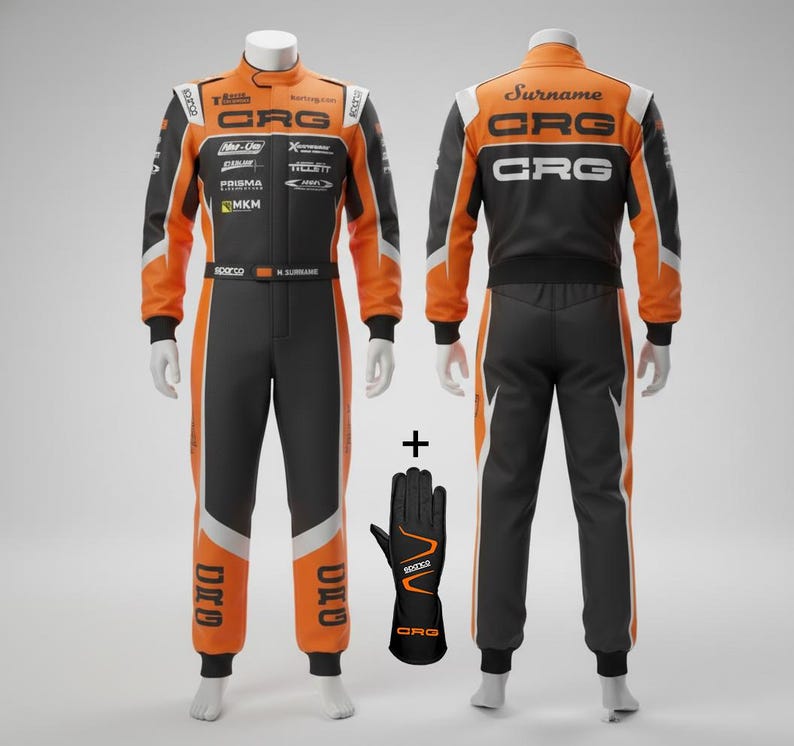 May include: Orange and black racing suit with white accents, displayed on a mannequin. The suit features the "CRG" logo and sponsor patches. A pair of black and orange racing gloves are also included.