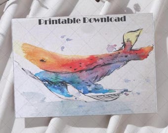 Watercolor Whale Card – Printable Ocean Art Postcard (Instant Download)