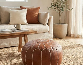 Moroccan Leather Pouf Ottoman – Handmade Tan Floor Cushion | Boho Home Decor Footstool | Genuine Leather Pouf Cover