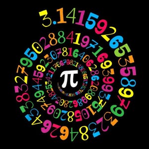 May include: A colorful graphic on a black background features a spiral of numbers in various colors, including yellow, green, blue, and pink. The mathematical symbol for pi is at the center of the spiral.