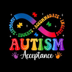Puede incluir: Diseño gráfico colorido sobre fondo negro con la palabra "AUTISMO" en arcoíris y "Aceptación" debajo. Un símbolo de infinito con piezas de rompecabezas y las palabras "Advocate, Educate, Accommodate, Include" encima de "Autismo".