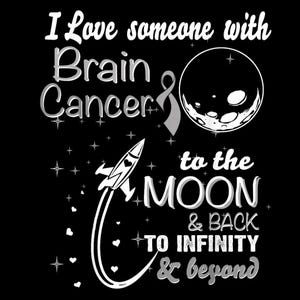 Puede incluir: Diseño gráfico negro con texto e ilustraciones en blanco. El texto dice "I Love someone with Brain Cancer to the Moon & Back to Infinity & Beyond." Incluye un cohete, una luna, estrellas y una cinta gris.