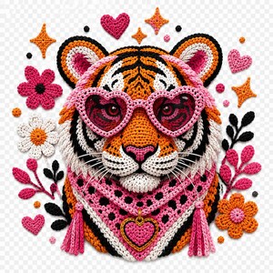 Könnte beinhalten: Ein gehäkelter Tigerkopf mit einer rosa herzförmigen Brille und einem rosa gemusterten Halstuch mit Herzanhänger. Das Design ist umgeben von gehäkelten Blumen, Blättern, Sternen und kleinen Herzen in Orange-, Rosa-, Weiß- und Schwarztönen.