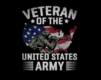 May include: Black graphic design featuring a soldier aiming a rifle, set against a U.S. flag outline. The text reads "VETERAN OF THE" above and "UNITED STATES ARMY" below, in a distressed white font.