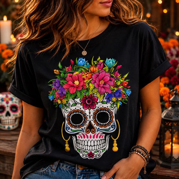 Floral Sugar Skull PNG, Colorful Calavera Graphic, Dia de los Muertos Art (Digital Download)