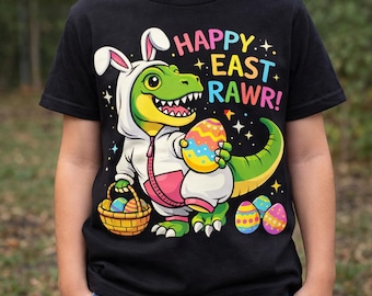 Happy East Rawr PNG, Easter Dinosaur Bunny T-Rex Sublimation, Toddler Boy Easter Shirt Design, Dino Egg Hunter, Transparent Background