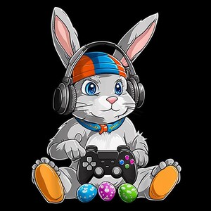 May include: A cartoon illustration of a gray Easter bunny wearing a blue and orange cap and headphones, holding a black video game controller. Three decorated Easter eggs are at the bottom. The bunny has blue eyes and a pink nose, set against a black background.