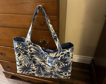 Tote Bags- blue and white- tropical pattern